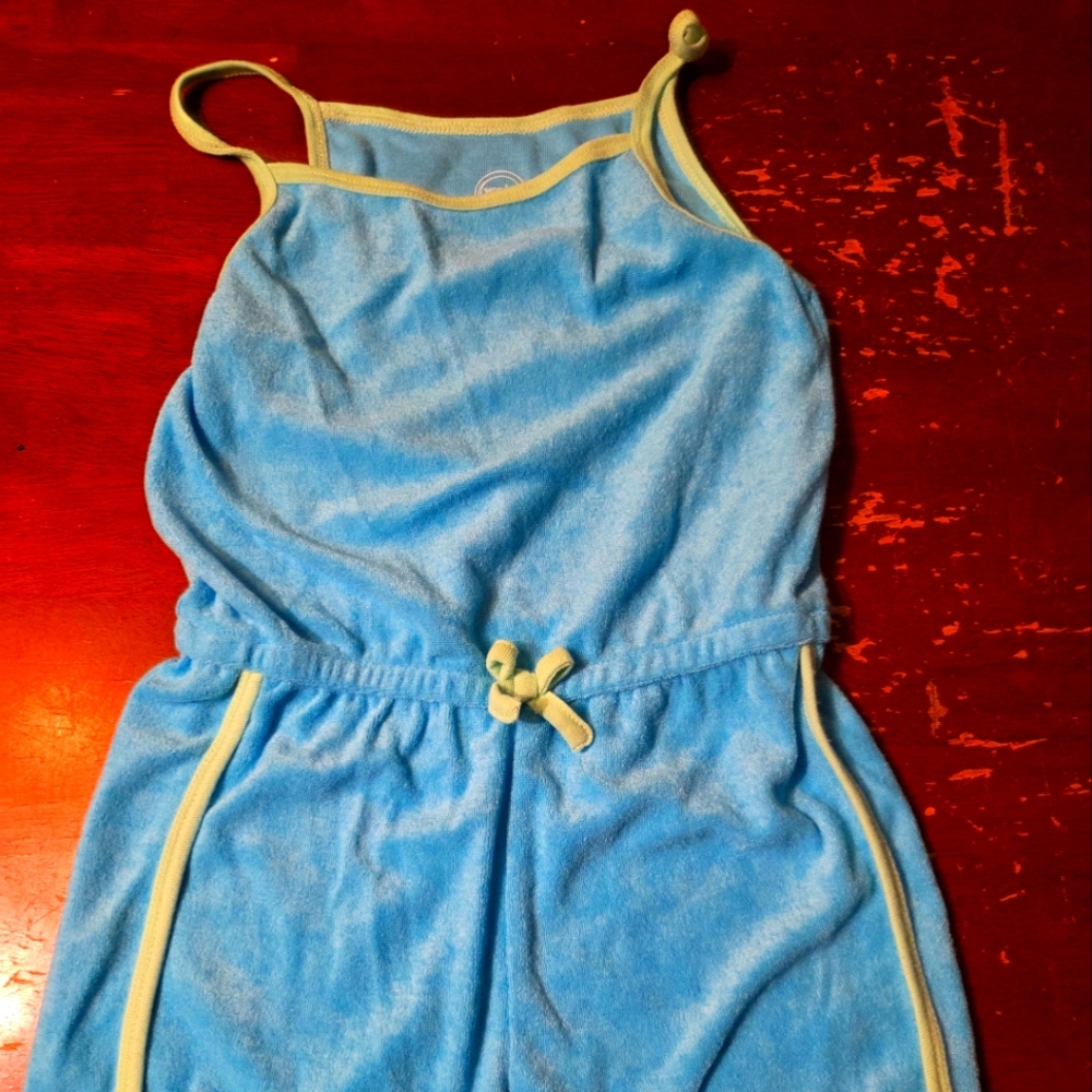 Blue Terry Cloth Romper with Yellow Trim